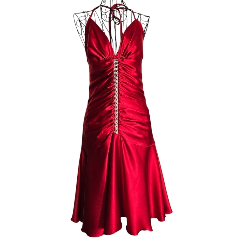 🔥Vtg 90's Jessica McClintock Sexy Red Satin & Rhinestone Ruched Halter Dress